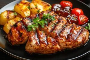 Grilled chicken with roasted potatoes and cherry tomatoes on black plate. photo