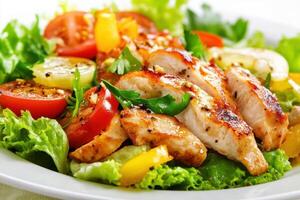 Grilled chicken, tomato, lettuce salad. photo