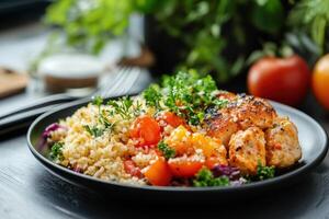 Grilled chicken with rice, cherry tomatoes and parsley. photo