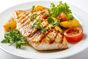 Grilled fish fillet with tomatoes and lettuce on a white plate. photo