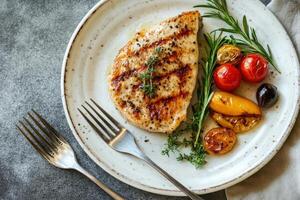 Grilled chicken breast with tomatoes and herbs on a white plate photo