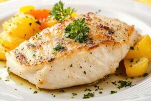 Grilled fish fillet with potatoes and parsley. photo