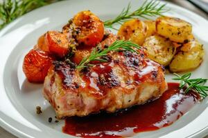 Grilled pork chops with vegetables and sauce on a white plate photo