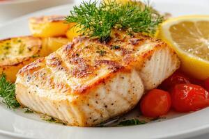 Grilled fish with roasted potatoes, cherry tomatoes, and lemon. photo