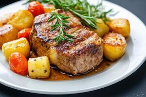 Grilled pork steak with roasted potatoes and cherry tomatoes. photo