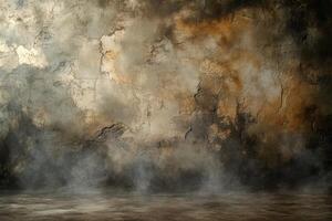 Dark concrete wall background with smoke and light. photo