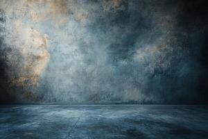 A dark and moody concrete room with a textured wall. photo