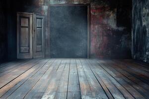 A dark and spooky abandoned room with a wooden floor, a cracked wall, and an open door. photo
