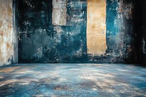 A grunge room with an old, distressed wall and concrete floor. photo