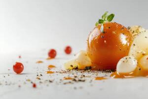 Close-up of a gourmet tomato dish with white spheres, pepper, and a sprig of thyme on a white plate. photo