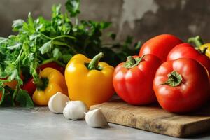 Fresh red tomatoes, yellow bell peppers, garlic, and parsley on a wooden cutting board. photo