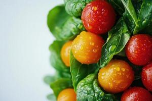 Close-up of fresh, vibrant yellow and red cherry tomatoes nestled in green spinach leaves, glistening with water droplets. photo