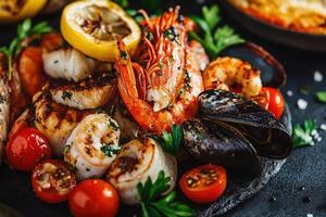 Close-up of grilled seafood with lemon, tomatoes, and herbs on a black plate. photo