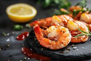Close-up of grilled shrimp on a black slate with lemon, rosemary, and sauce. photo