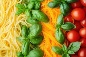 Close-up of raw spaghetti, basil, carrot noodles, and cherry tomatoes. photo