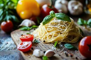 Close-up of a plate of spaghetti with basil, tomatoes, garlic, and pepper. photo