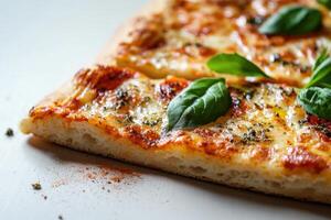 Closeup of a slice of fresh mozzarella pizza with basil leaves. photo