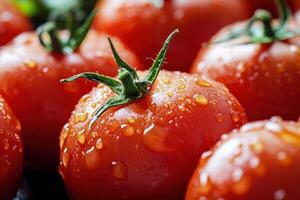 A close up of tomatoes with water droplets photo