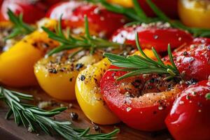Close-up of roasted red and yellow bell peppers with rosemary and peppercorns. photo