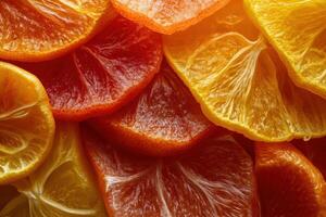 Close-up of sliced citrus fruits, arranged in a colorful pattern. photo