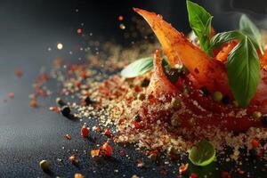Close-up of smoked salmon with spices and basil leaves on a black background. photo