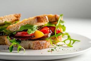 Close-up of two grilled veggie sandwiches on a white plate. photo