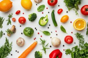 Colorful Vegetables and Herbs Arranged on White Background. photo