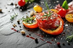 Grilled steak with pepper and rosemary on a black stone background. photo
