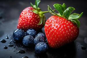 Two fresh red strawberries and blueberries with water droplets on a black background. photo