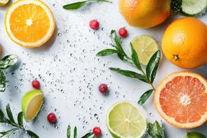 Fresh citrus fruits, limes, oranges, grapefruit, and cranberries with water drops and green leaves on white background. photo