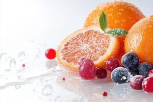 Fresh oranges, cranberries, and blueberries with water drops on a white background. photo