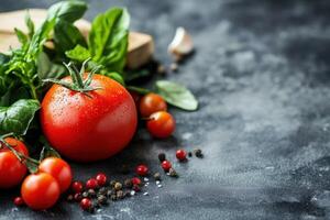 Fresh red tomatoes, basil, garlic, and peppercorns on a dark background. photo
