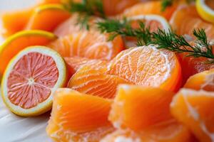 Fresh salmon fillet slices with lemon and dill. photo
