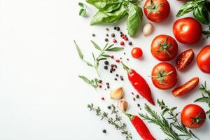 Fresh tomatoes, herbs, spices, and garlic arranged on a white background. photo