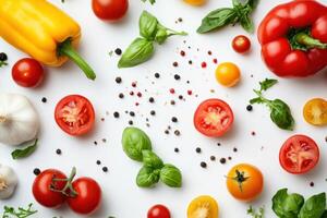 Fresh vegetables and herbs on a white background. photo