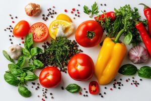 Fresh vegetables, herbs, and spices on white background. photo