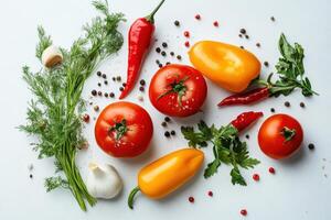 Fresh vegetables, herbs, and spices on a white background. photo
