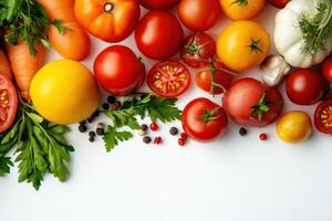 Fresh vegetables and spices on white background. photo