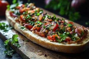 Grilled tomato and onion baguette on a wooden board. photo