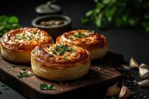 Three golden puff pastry tartlets with savory filling, garnished with parsley and arranged on a wooden board with garlic cloves and peppercorns. photo