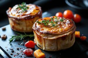 Two golden brown mini quiches on a black slate with cherry tomatoes, herbs, and spices. photo