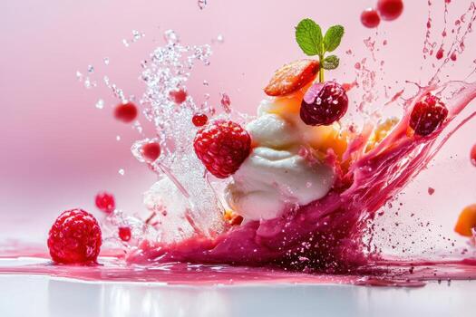 A splash of water and ice cream with raspberries photo