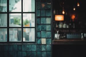 A window with a blue tile wall and a bar photo