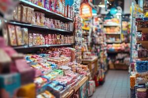 A colorful aisle in a convenience store, filled with various candies, snacks, and goods. photo
