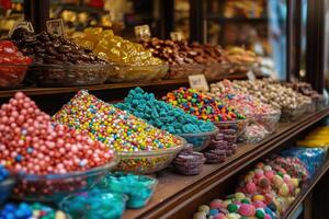 A colorful display of candy in a shop. photo