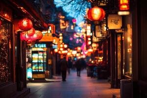 A street with many asian lanterns hanging from the buildings photo