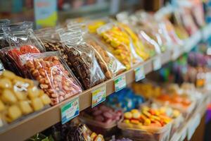 A variety of colorful candies are displayed on a shelf in a store. photo