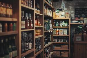 A well-stocked grocery store aisle with shelves full of bottles and jars. photo