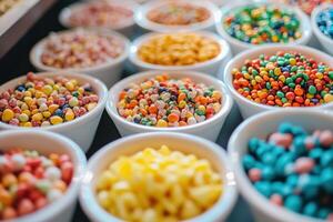 A variety of colorful sprinkles in bowls photo