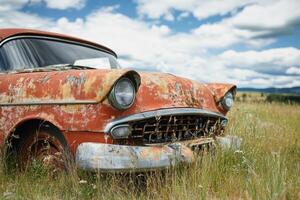 Rusted classic car in a field. photo